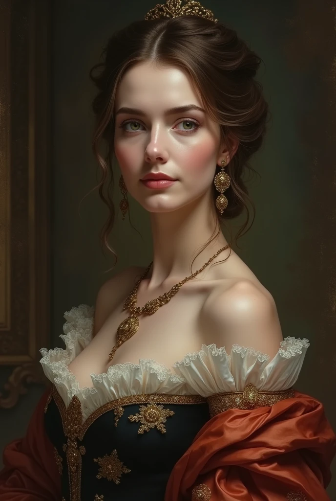 Famous Paintings，Noble daughter，white race，European and American face，(:1.4)，young，Urban，Inside the room，Warm Background，Formal wear，Deep V-neck，High Ponytail，(small breasts are exposed:1.3)，Pink areola，Gemstone Necklace，bracelet，It was scary, pink bow, jewelry, bow, heart brooch, choker, brooch, heart, earrings, hair pink bow
