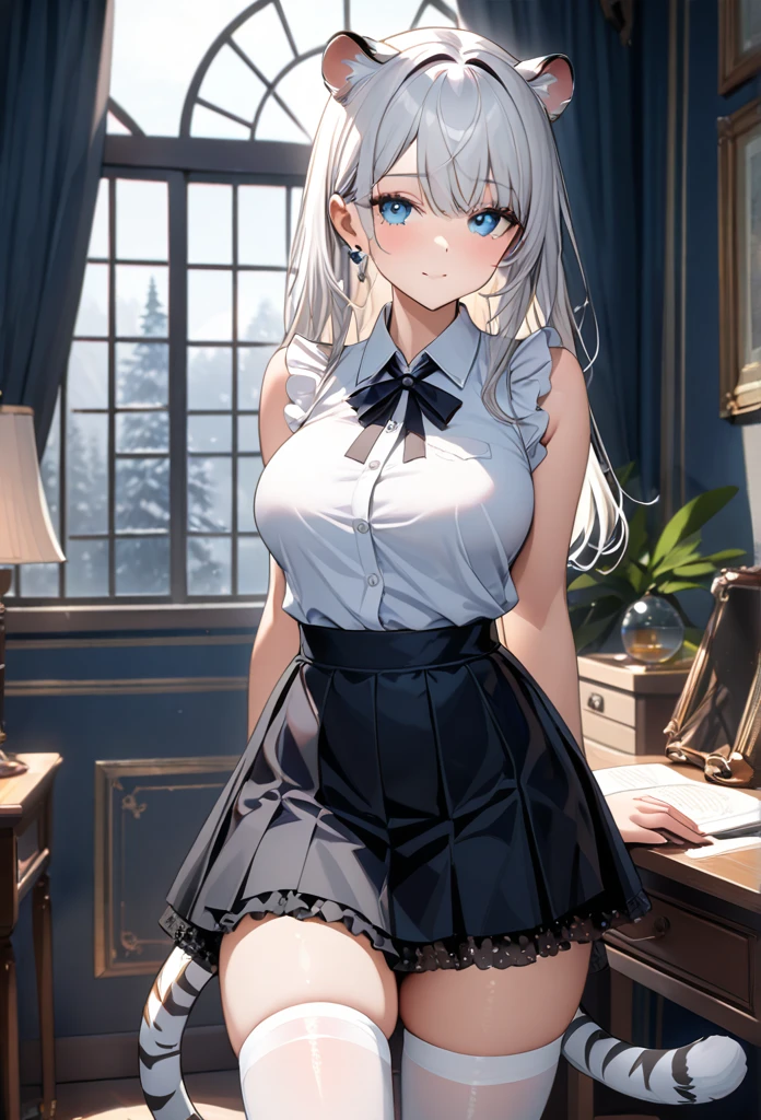 highest quality, ultra high resolution, super detailed, gorgeous, masterpiece, best quality, high resolution finely detailed, extremely beautiful, distinct image, hourglass figure, 1 young teenage girl, 1, (front-view), (side-view), soft and beautiful facial features, symmetrical face, (((sleeveless dress shirt (shirt not tucked inside the skirt) ))), (((black frilly skirt))), (((sheer white thigh-high stockings))), piercing predatory blue eyes, innocent doe shaped eyes type, well endowed breasts F-cup breasts, immaculate curves, tall height(190cm), slim thick curvy body, athletic and flexible physiques, flowing snow-white hair, narrow waist, long legs, opulent bedroom background, milky white skin color shimmering in the sunlight coming in from the window, hip-level shot, snow-white feline tiger ears, white striped tiger tail protruding out her back, natural indoor background with a bed and desk, casting gentle shadows, casual and slightly intense atmosphere, low angle, sharp focus on the subject, no motion blur, well-lit overall exposure, front-view, gazing straight into the camera