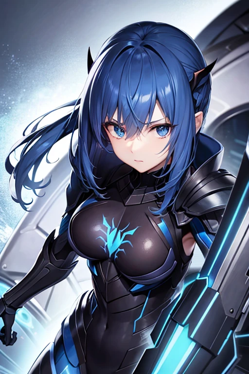 Uma mulher com uma armadura das cores preto com azul, com um rosto pervertido e com uma enorme bunda