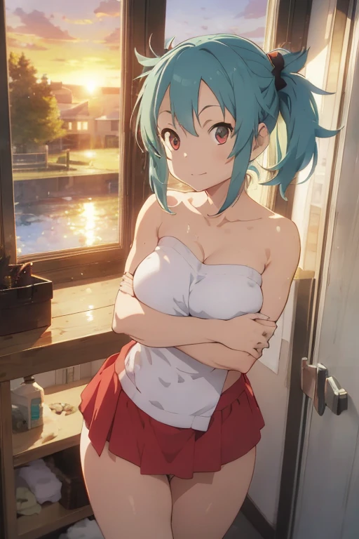 1 female, aqua hair, bun twintails hair, red eyes, teenage girl, huge breast, thick legs, naked towel, covering breasts, covering privates, shower room, window, sunset sky, soap, sponge, hair brush