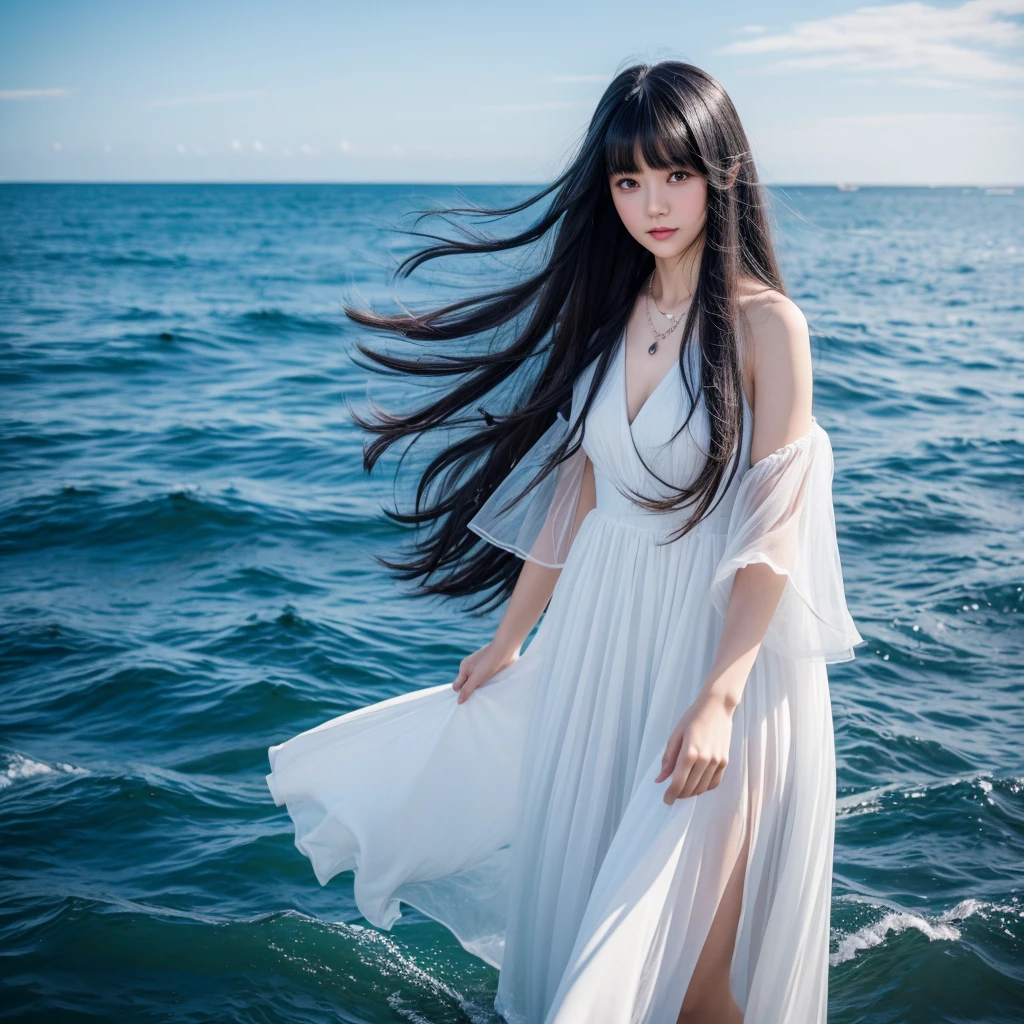 One girl、Black Hair、Long Hair、Trimmed bangs、White dress、Thin Necklace、A soft smile、The background is the sea、About 2