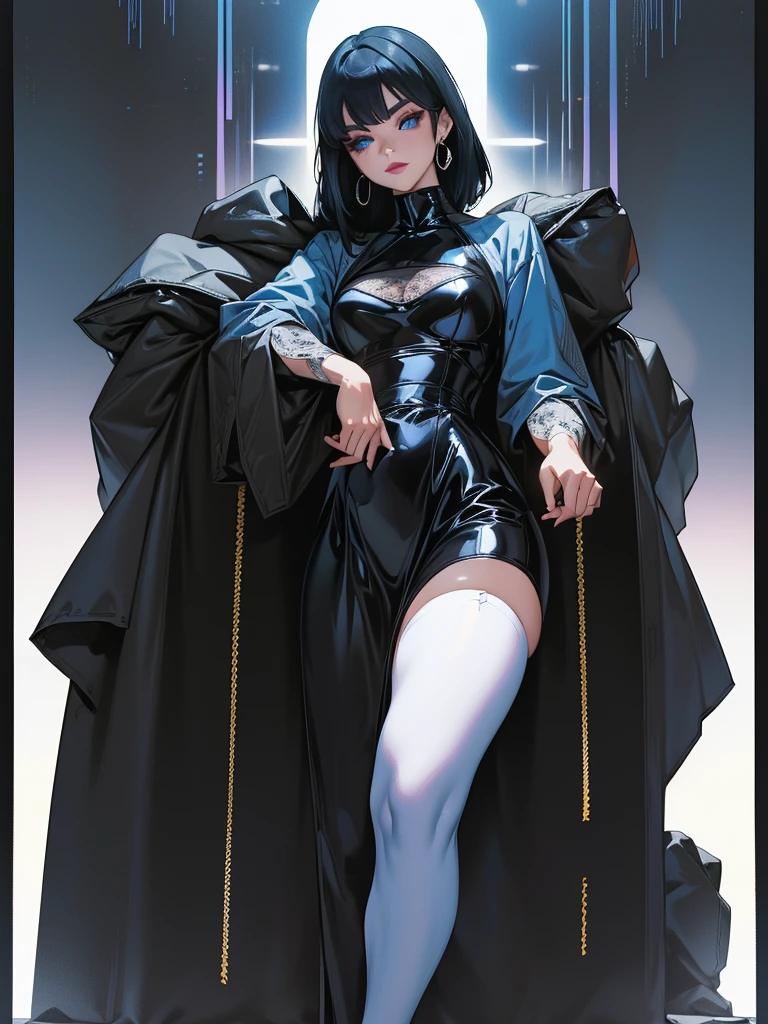 (best lighting) (best quality, masterpiece:1.2), illustration by hajime sorayama, perfect body, hyperfeminine curves, (detailed eyes), (detailed face), femme fatale, woman, short black hair, bangs, blue eyes, curvy, black lipstick, black eyeliner, earrings, high fashion, latex, stockings, solo, cinematic