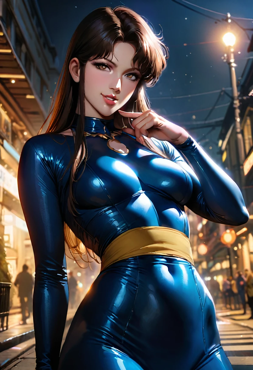 Cat's Eye,Hitomi Kisugi,fh1to,Blue_Catsuit_Yellow_Belt,1girl, perfect hands, perfect finger,perfect anatomy, masterpiece, best quality,realistic, hyperrealistic, 16k hdr, medium breasts, seductive smile, outdoor,midnight,pose for photo