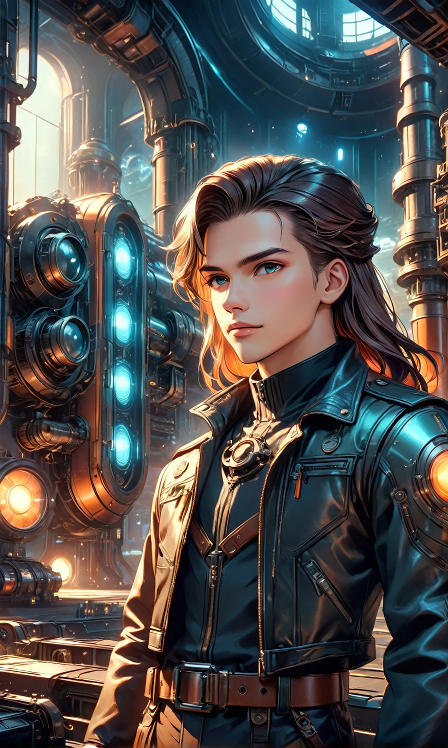 Create a futurism fantasy movie scene: A dynamic close-up shot of a 2 young warrior man fixing a spacecraft engine in a futuristic hangar. He wears a leather jacket with a high collar and wear 1940s-style gun belt waist. His long hair reflects a modern classic style. His calm expression exudes wisdom and authority, with intricate engine parts and glowing panels behind him. Dim lighting creates a dramatic, futuristic atmosphere blending Dieselpunk and 1940s retrofuturism. The scene is detailed, with glowing neon hues, ultra-realistic textures, and cinematic vibes. UHD, 8k, cinematic, volumetric lighting, hyper-realistic, HDR lighting, matte background, illustration, smooth and clean vector curves, vector art, coherent, sparkles, in the style of Vargas, Midjourney style, the atmosphere feels action movie sense mixed fantasy scene.