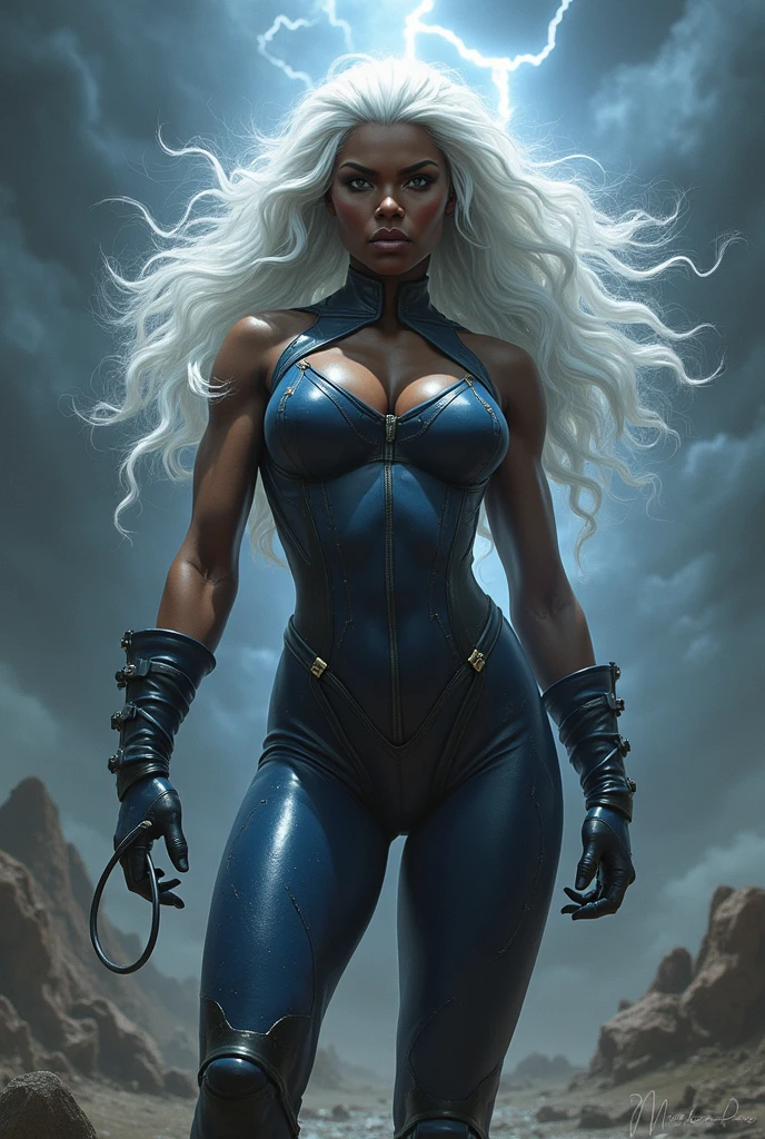 full body comic book illustration in the style of comic book artist J Scott Campbell of a Marvel's Storm Ororo Munroe. muscular body. dark ebony skin. Her eyes are whited out. She has long snow-white hair that is wild and flowing. She is depicted wearing a black reflective body suit with silver accents. She stands on a rocky cliff summoning a mighty storm. Lightning radiates from her. Dark clouds and lighting in the background.