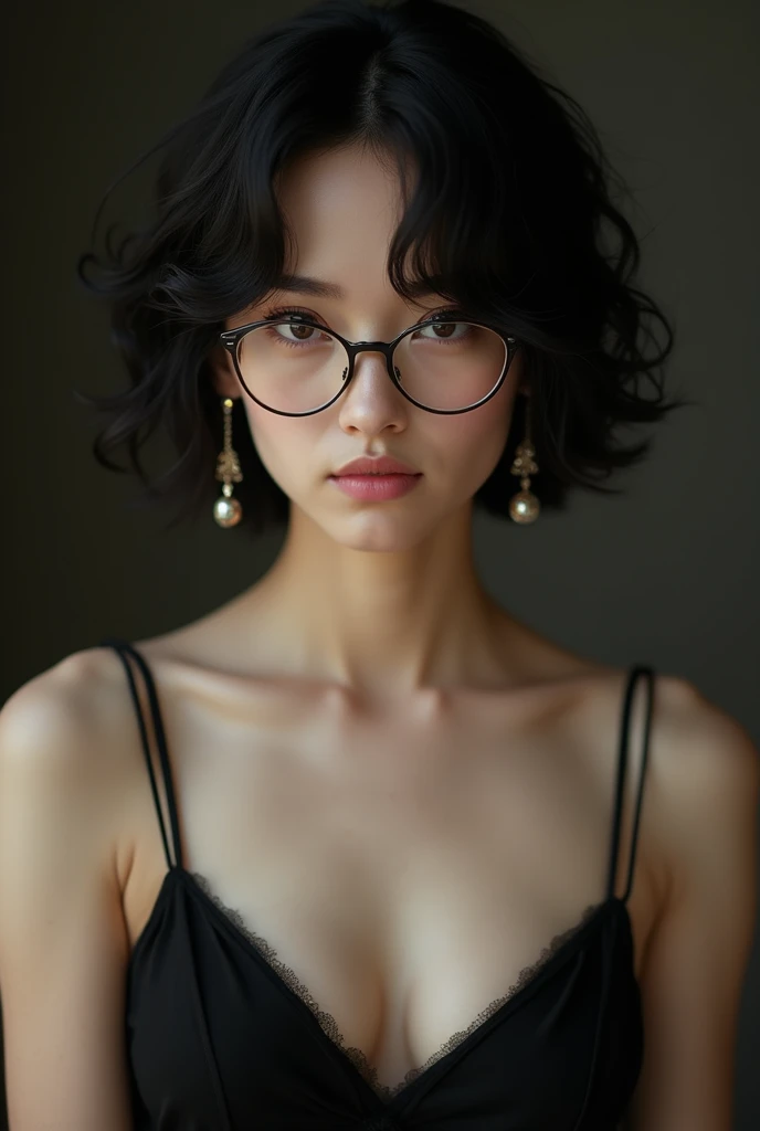 Woman sitting on bed, black lingerie, short black hair, brown eyes, streaked hair, sunglasses, pout, mouth hold, excited, cinematic lighting, UHD, retina, accurate, super detail