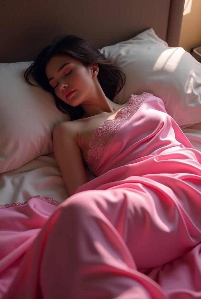 Sleeping girl，22 year old，realisticlying，She wears a pink pleated skirt，Wearing pink sheer gown，brown  hair。