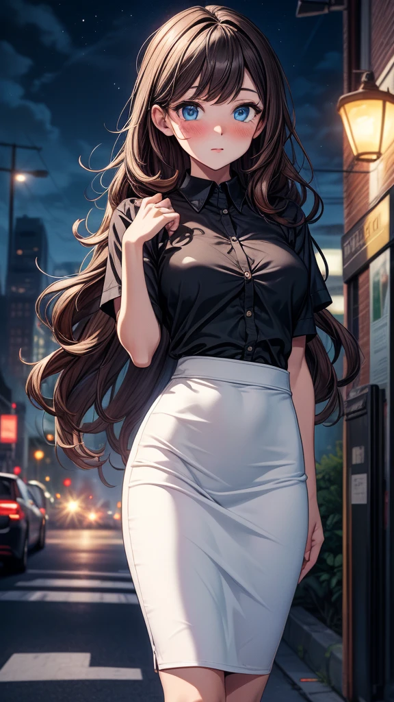 (highest quality:1.5, High resolution, 超High resolution, 4K, Detailed lighting, Shaders), White curly floral hair, Gradient Hair, Large Breasts, suit, T-Shirts, Social Shirts, Short skirt, Mature Woman , (throw), White Background, Colorful eyeshadow, Dramatic lighting, Sparkling eyes, Sensual expression, 金のEarrings, Flowing Hair, Delicate facial features, Brown Skin, high cheekbones, urban environment, Black background, don&#39;t look for the camera, Lean forward,  Behind the Camera、Camel Toe、Giant tit、Nipple Puffs、Cleavage、Plump、Super big breasts、Super big butt、Super big breasts、Tight clothing、Earrings、Earrings、necklace、Thick lips、Heterochromia、Bracelet、Caster wheel、first round、Hair Charm、Lip gloss