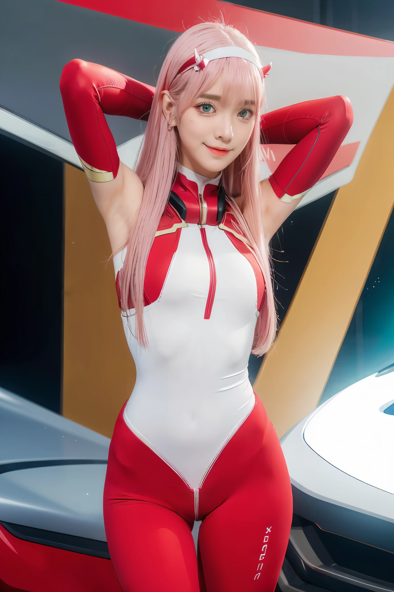 ((best quality)),((highly detailed)),masterpiece,absurdres,detailed face,beautiful face,((detailed eyes, deep eyes)),(1girl),((dynamic pose)), Zero_Two, green eyes, 1girl, solo, red bodysuit, long hair, pilot suit, pink hair, bodysuit, straight hair, hairband, standing, horns, breasts, bangs, closed mouth, looking at viewer, medium breasts, white hairband, skin tight, blunt bangs, makeup, eyeshadow, very long hair, sidelocks, expressionless, hair between eyes, red horns, shiny hair, towards viewer, smile,