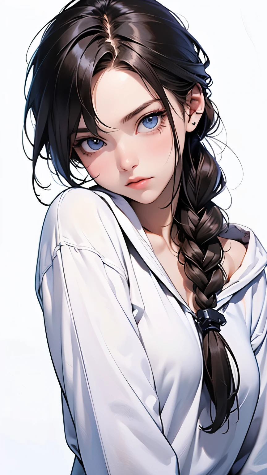 White background、Pure white background、Blank Background、cowboyshot、One Girl、from the front,Ultra-high resolution, Best Quality、☠Hoodie、Flat Chest、Beautiful fine details、Black Hair、French Braid:1.48、Ash Blonde、blue eyes、Serious expression、 💀Mark's white hoodie、Black pleated skirt、