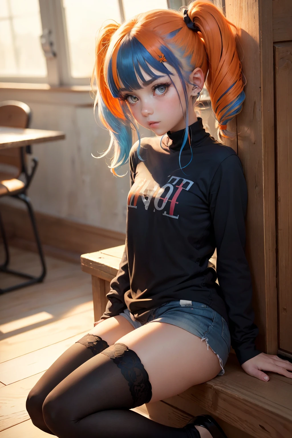A striking photorealistic anime illustration in the style of Artgerm and Gerald Brom, featuring a captivating busty woman with a voluptuous yet slim figure. (Big breasts). She has wavy blue and red gradient hair styled in twintails, big, gorgeous eyes, glasses, and a lip piercing. Her dark makeup contrasts with her vibrant red tank top featuring white patterns and techwear pants and sneakers. The character is sitting at the corner between brick walls of a back alley during the late afternoon, bathed in natural light. The overall composition and attention to detail showcase the best quality of the illustration.