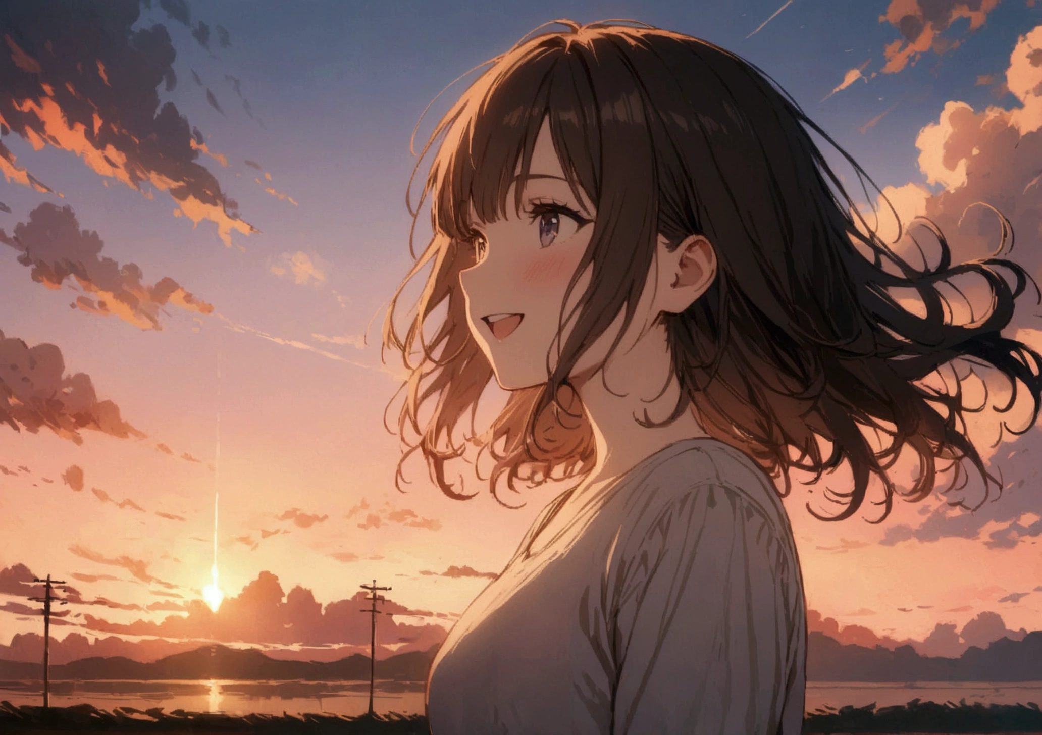 masterpiece, highest quality, Movie stills, One girl, Cloud Girl, Floating in the sky, close, bright, Happy, Warm and soft lighting, sunset, (spark:0.7)