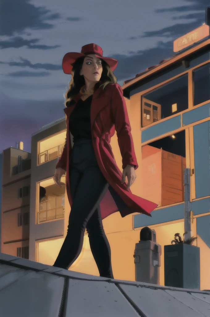 Carmen Sandeigo. Black pants, black shirt, red long coat, red wide brim hat, brunette long hair, on a rooftop at night

