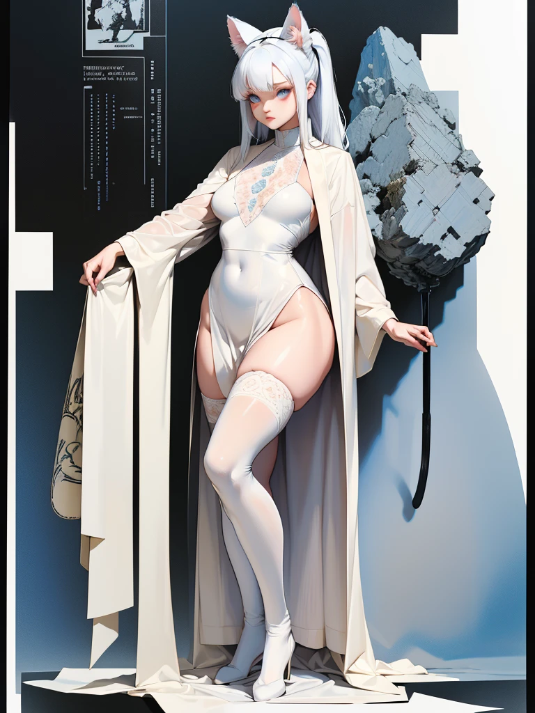 (best quality, masterpiece:1.2), illustration by hajime sorayama, perfect body, hyperfeminine curves, (detailed eyes), (detailed face), woman, long white hair, bangs, ponytail, cat ears, cat tail, light blue eyes, pale skin, curvy, high fashion outfit, white latex, knee high socks, solo