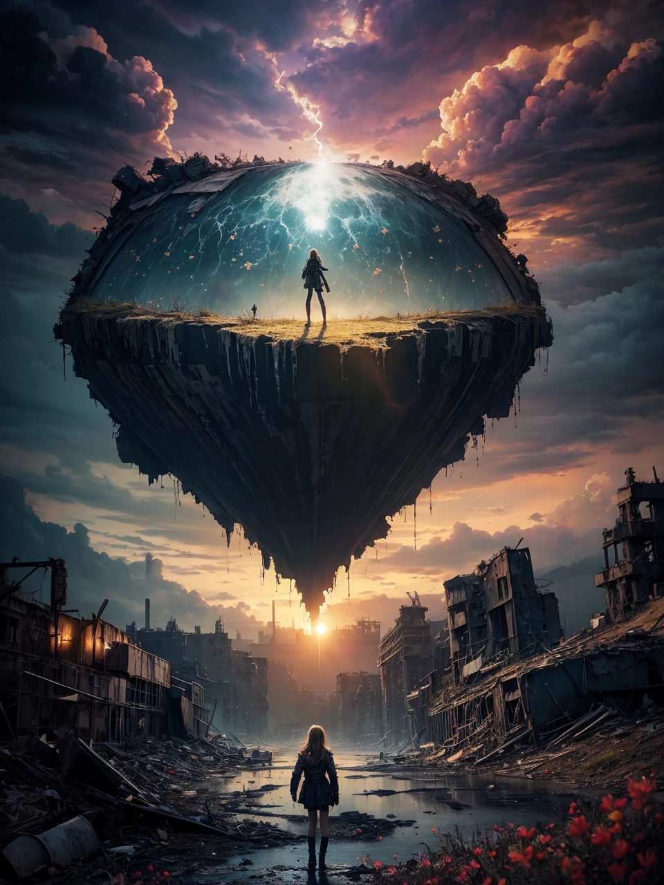 (double exposure Portrait of a praying beautiful cute girl):1.3, (layered (a futuristic epic battle between an advanced alien civilization and human forces, massive alien warships looming over a planet's surface, intense explosions and destruction on the planet)), intense atmospheric effects, dramatic lighting, highly detailed and cinematic composition, cinematic camera angles, sense of overwhelming scale and grandeur, rich textures and details, dramatic color palette, volumetric lighting, hyper-realistic and photorealistic, concept art style, matte painting, digital painting, 8K, HDR, cinematic lighting, dramatic shadows and highlights, masterpiece,