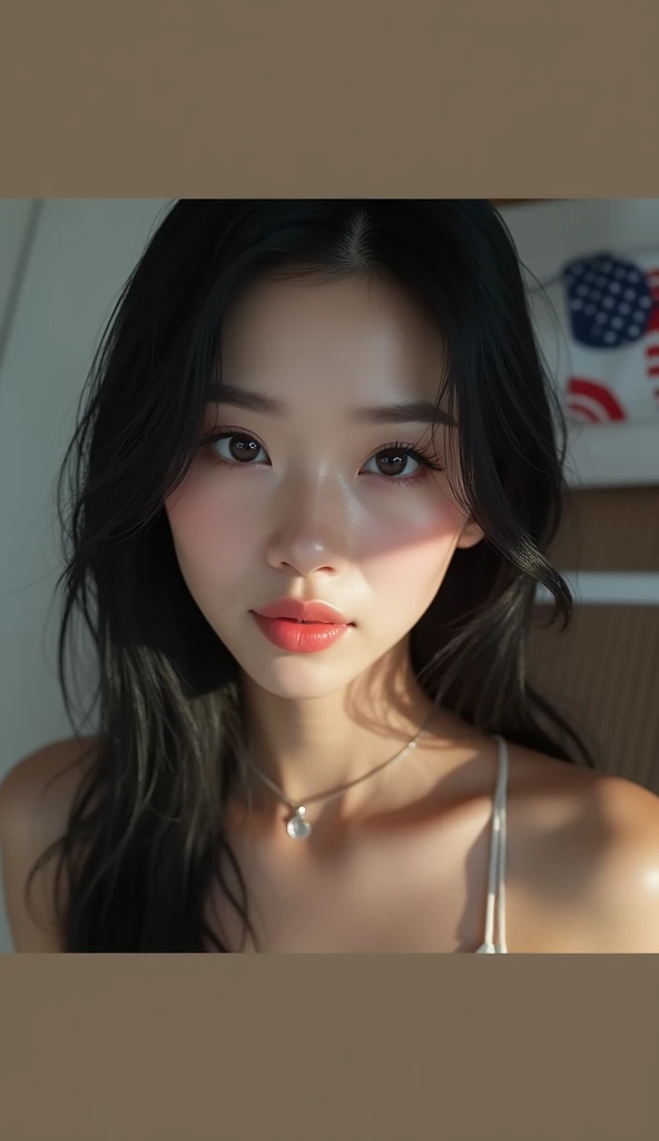 (Realistic lighting, top quality, 8K, Masterpiece: 1.3)), (Photorealism: 1.4), Raw Photo, (Real Skin Texture: 1.3), 1 Woman, 18 years old, Deep Eyes, (Black Eyes: 1.2), {Eyelash Removal}, (Black Long Hair: 1.1), Bangs Down, (Very Realistic: 1.2), (Close-up Photo: 0.8), (Comcomplex: 1.2), (Camera Show: 1.2), ( white bra top), smile, realistic face, cute face, sharp focus, sleeping in bed, looking viewer, top down, front, upper body