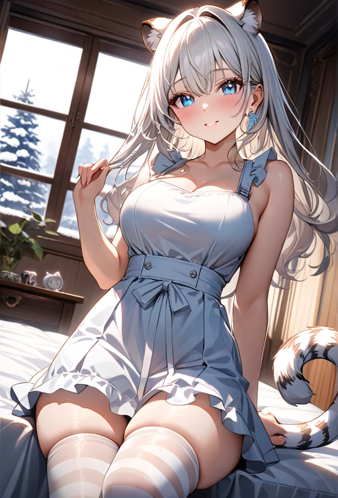 =highest quality, ultra high resolution, super detailed, gorgeous, masterpiece, best quality, high resolution finely detailed, extremely beautiful, distinct image, hourglass figure, 1 girl, 2, (front-view), (side-view), soft and beautiful facial features, symmetrical face, (((casual RED ruffled knee-length dress))), white waist apron atop her skirt, sheer white thigh-high stockings, piercing predatory blue eyes, innocent doe shaped eyes type, well endowed breasts F-cup breasts, immaculate curves, tall height(190cm), slim thick curvy body, athletic and flexible physiques, flowing snow-white hair, narrow waist, long legs, opulent bedroom background, milky white skin color shimmering in the sunlight coming in from the window, hip-level shot, snow-white feline tiger ears, white striped tiger tail protruding out her back, natural indoor background with a bed and desk, casting gentle shadows, casual and slightly intense atmosphere, low angle, sharp focus on the subject, no motion blur, well-lit overall exposure, front-view, gazing straight into the camera
