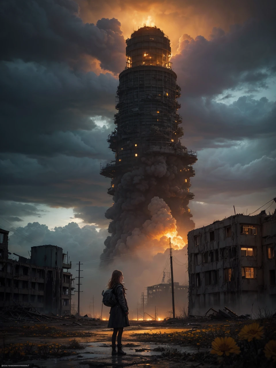 woman standing on top of a building looking at distant desruction, large explosion in distance