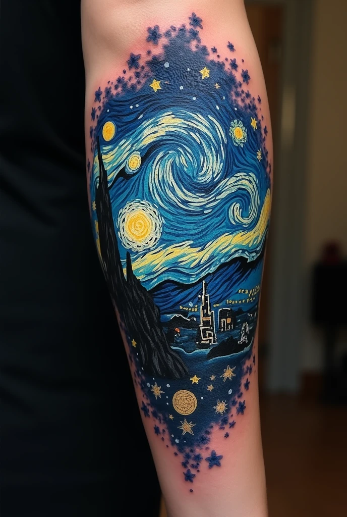 I want a full arm tattoo inspired by van Gogh and travel for men with slightly dark tones, let van Gogh be the background