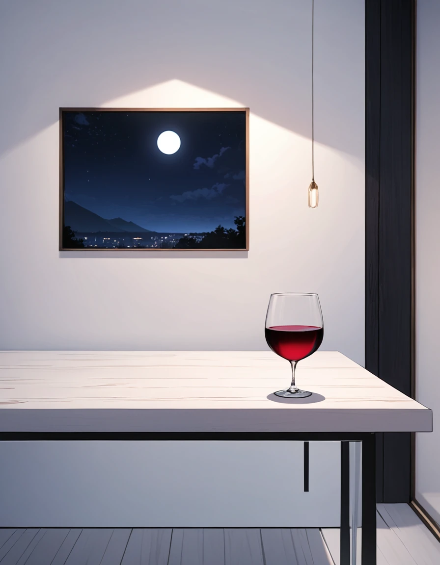 there is a glass of  red wine on a white wood table in a minimalist room, it is night time, moonlight, 