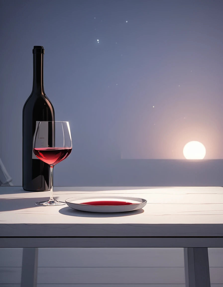 there is a glass of  red wine on a white wood table in a minimalist room, it is night time, moonlight, 