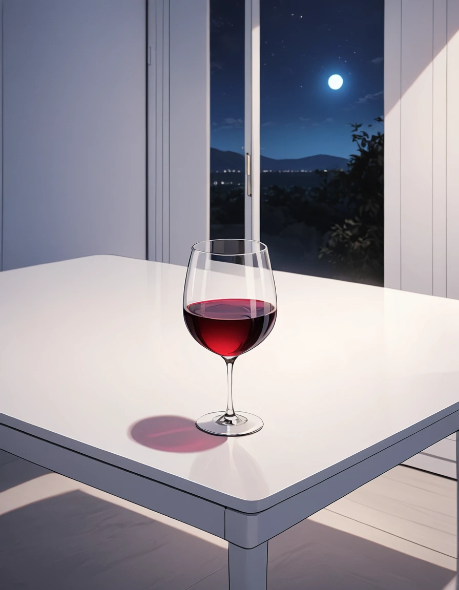 there is a glass of  red wine on a white wood table in a minimalist room, it is night time, moonlight, 