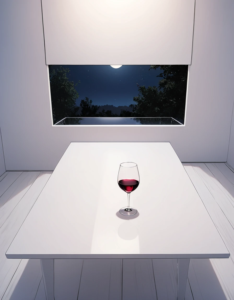 there is a glass of  red wine on a white wood table in a minimalist room, it is night time, moonlight, 