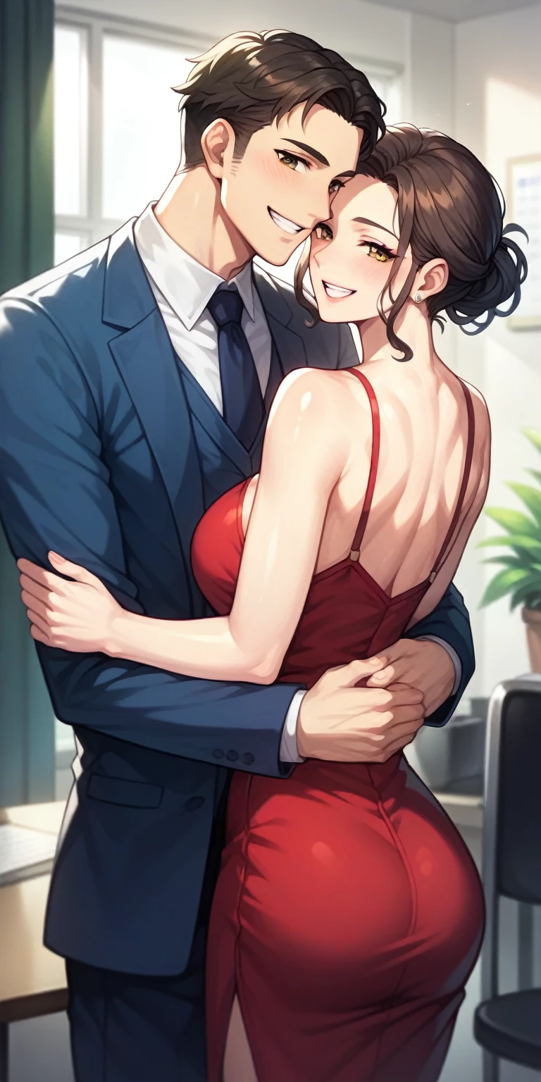 Adult, female, mature, man in office suit, calm expression with shy smile, short brown hair, brown eyes, standing, woman with long black hair in red dress, looking back, two professional killers, couple, woman with insane expression with malicious smile, having orgasm, crazy smile, seductive, simply excitement, close up, (Masterpiece, Anatomically Correct, Accurate, Best Quality, Detail, High Details, Quality, Super Detailed, High Quality, Skin Detail, Amazing Skin Detail), (SuperQuality:1.0) ~ (SuperQuality:1.2)