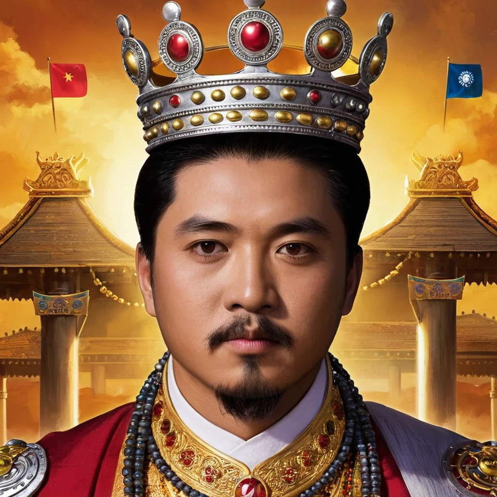 Wearing a red hat、Arad man in a gold and red suit, dressed as emperor, inspired by Xie Huan, proud emperor, ernie chan, Chiba Yuda, god emperor bongbong marcos, Bao Pnan, royal attire akira, Inspired by Guo Xi, pan ren wei, royal emperor。