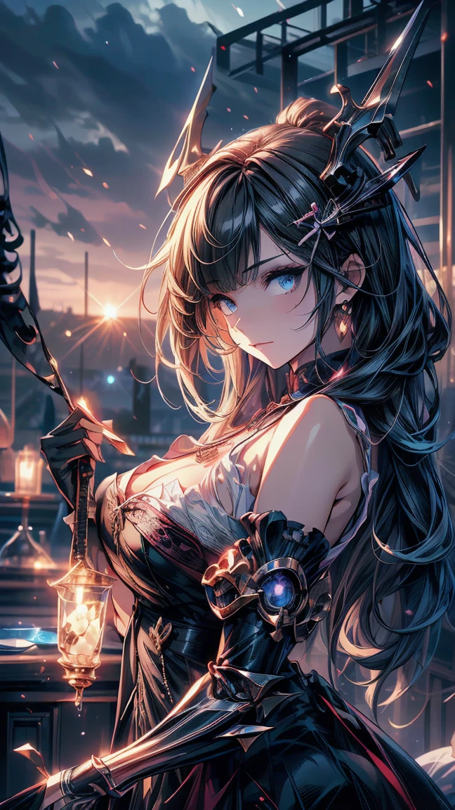 masterpiece, best quality, high quality, detailed, ultra detailed, insanely detailed, hyper detailed, exquisite, beautiful, FHD, Full-HD, 4K, 8K, 16K, highres, absurdres, temple, woman, ninja, intelligent, serious look, arms crossed, standing, ponytail, black hair, red eyes, with a sword, beauty mark, with a crescent moon, with a starry sky, at night, dark atmosphere, cowboy shot, from side, beautiful breasts