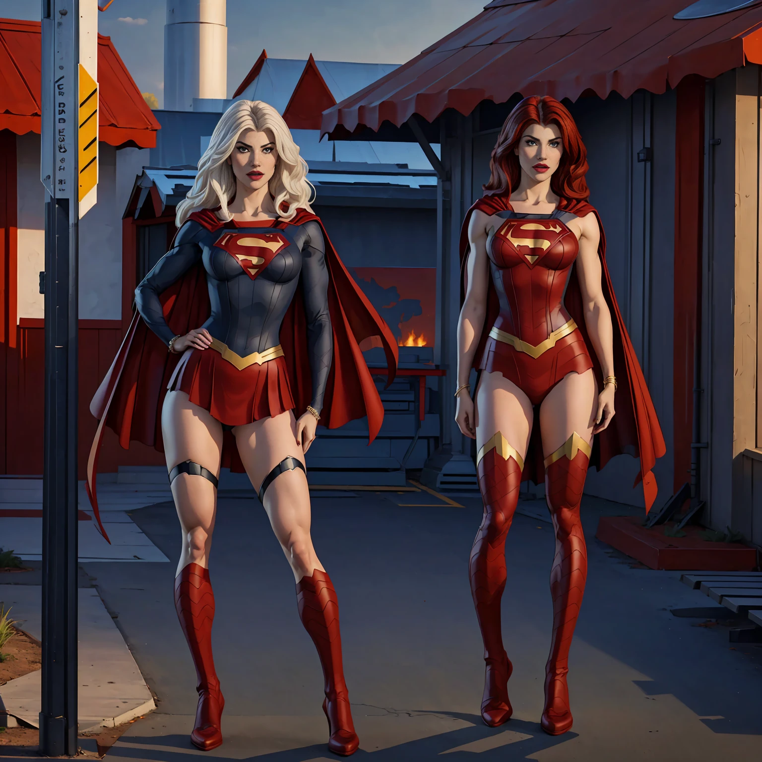 ((Full body shot, standing, feet on the ground)) (best quality, 4k, 8k, high resolution, masterpiece: 1.2), ultra-detailed, fishnets, (realistic, photorealistic, photorealistic: 1.37 ), full body photo, supergirl, high boots, silver red, beauty pose, standing, shoulder pads, arms showing, bracelets, show feet, outside, light background, red uniform, black and white , heroine cape, voluminous hair, hand on waist, heroine pose, dominatrix

