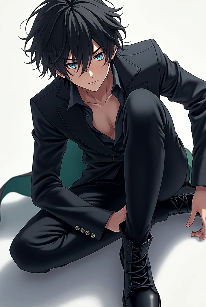 masterpiece, best quality, ultra detailed, (solo man), (male focus), ((young adult man)), ((Oblong face)), ((Square jawline)), black hair, ((hairs between eyes)), ((shoulder length)), ((narrow blue eye)), fair skin, skinny body, beauty mark, nsfw, wet skin, cat boy, cat ears, cat tail, all fours