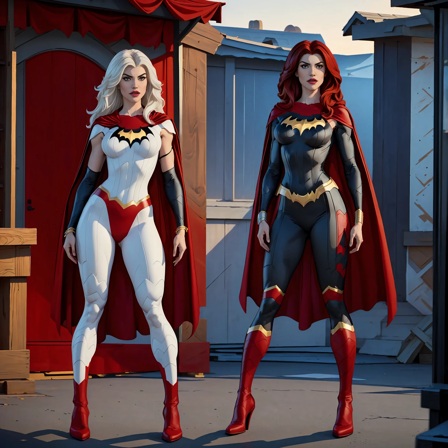 ((Full body shot, standing, feet on the ground)) (best quality, 4k, 8k, high resolution, masterpiece: 1.2), ultra-detailed, fishnets, (realistic, photorealistic, photorealistic: 1.37 ), full body photo, batgirl, high boots, silver red, beauty pose, standing, shoulder pads, arms showing, bracelets, show feet, outside, light background, red uniform, black and white , heroine cape, voluminous hair, hand on waist, heroine pose, dominatrix

