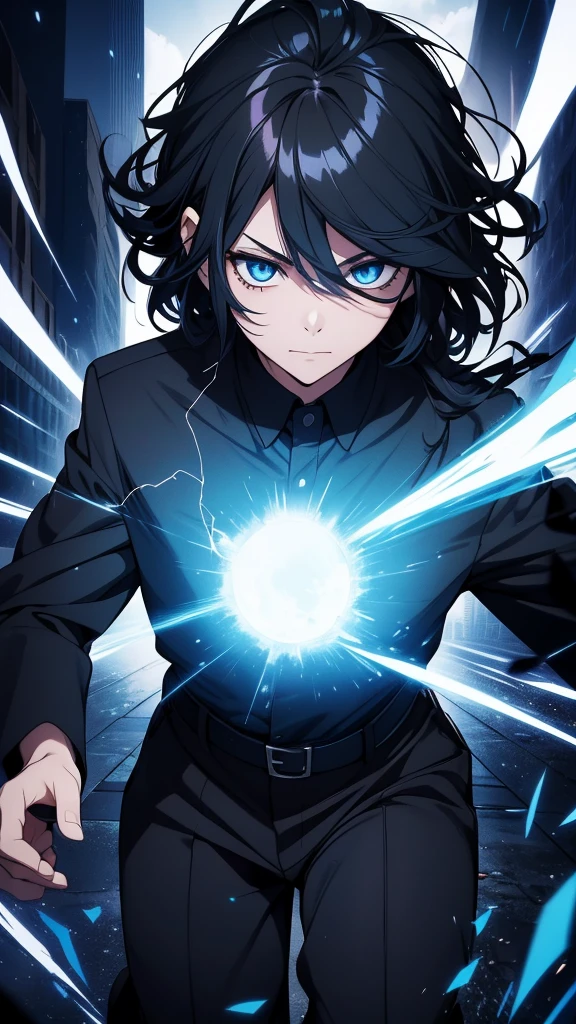 (high-quality, breathtaking),(expressive eyes, perfect face) 1boy, male, solo, teenager, satoru gojo hairstyle, dark blue hair, flowy floating hair, bright blue eye color, medium hair length, looking at viewer, half body, crazy smile,  happy face, cheerful expression, dark black blue long sleeved shirt, collared shirt, ((dark black blue dress pants)), jujutsu kaisen uniform, jujutsu high school uniform, flowy hair, innocent face, portrait, stylized hairstyle, (Activating domain expansion), (big Stigmata), (floating hair), character focus, ((black light)),((dark lighting)), cinematic lighting ,(darkness), (concept art),  (glowing eyes), high resolution,(incredibly absurdres) ,extremely detailed CG unity 8k wallpaper, ((masterpiece)), ((top-quality)), (beautiful illustration), ((an extremely delicate and beautiful)), (sky scrapper background), (breaking glass background), (glass shards flying towards camera)