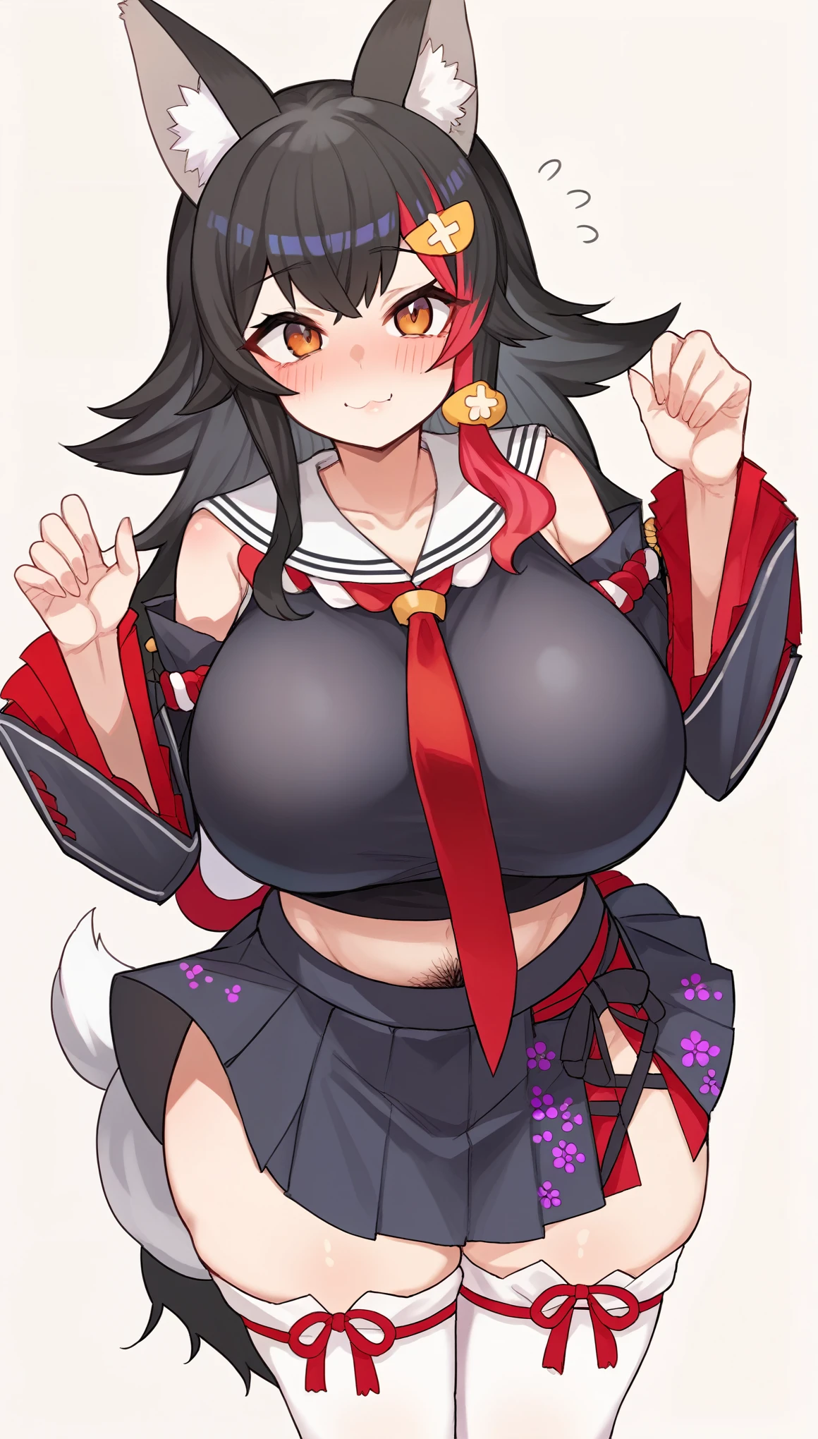 ((sexy girl, gyaru)), (panty shot, no panty), bottomless, bimbo, cute, suggestive, black hair, pale skin, sagging gigantic breasts, big butts, thick thighs, huge tits, huge ass, big eyes, 

glamorous, blushing, flushed face, mio_base, hair ornament, sailor collar, red necktie, (Unshaven Pubic Hair), black shirt, black skirt, detached sleeves, midriff, kouhaku nawa, white thighhighs, tail wrap, tail around leg
Score_9,Score_8,score_7_up,source_anime, rating_questionable,