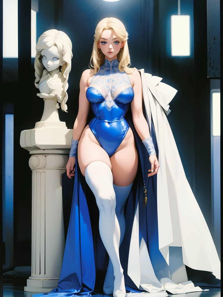 (best lighting), (best quality, masterpiece:1.2), illustration by hajime sorayama, perfect body, hyperfeminine curves, Woman, 30 years old, mature, blonde hair, blue eyes, very long ponytails, curvy, high fashion, blue and white, knee high socks, elegant, solo