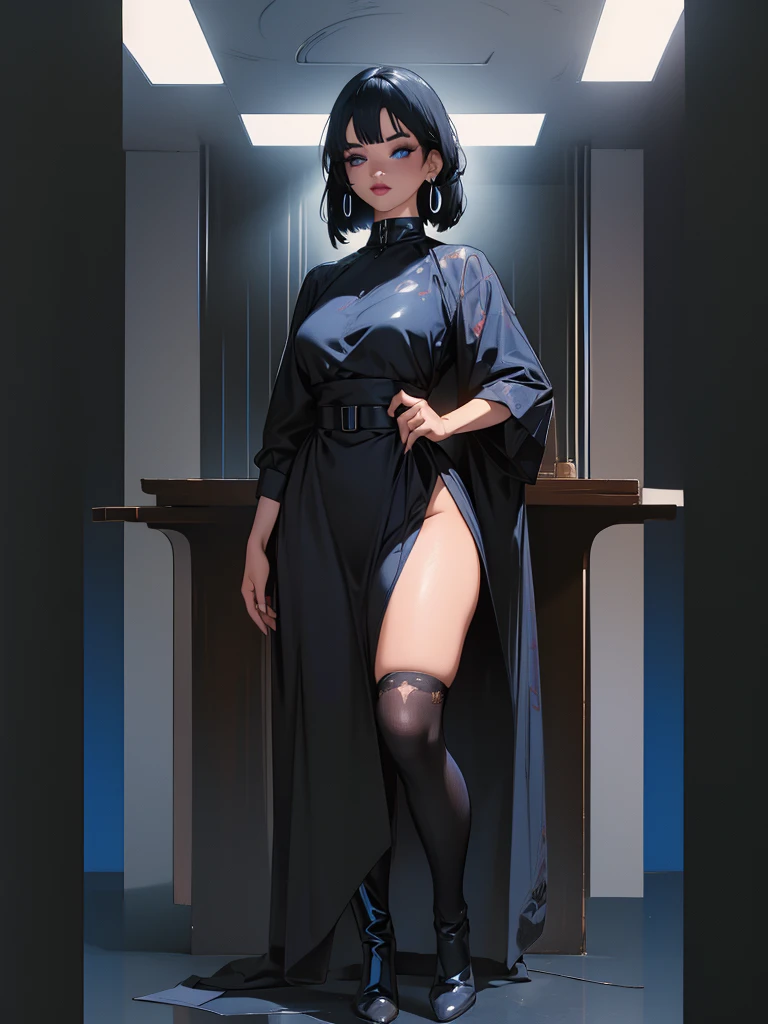 (best lighting) (best quality, masterpiece:1.2), illustration by hajime sorayama, perfect body, hyperfeminine curves, (detailed eyes), (detailed face), femme fatale, woman, short black hair, bangs, blue eyes, curvy, black lipstick, black eyeliner, earrings, high fashion, latex, long socks, solo, cinematic