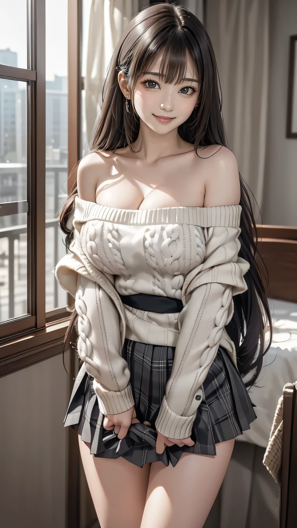 One beautiful girl, Very beautiful detailed face, Laugh shyly, Big Breasts,Deep valley), (Off-the-shoulder sweater, Oversized sweater:1.3), (Skirt flip), (Roll up the skirt yourself), (Flip up the skirt), (Gray Tartan Check Pleated Skirt Lift Yourself), (Lace panties, Showing panties), (Wind power increase), Skirt fluttering in the wind, Lift up your skirt, Semi-long hair, (Beautiful Face:1.2), high quality, Realistic, Very detailed CG synthesis 8k wallpaper, Very detailed, High-resolution RAW color photos, Professional photography, Realistic portrait, Cinematic Light, Beautiful details, Super detailed, Attention to detail, (((bokeh))), Depth of written boundary, Hotel room,Super stylish lighting, 