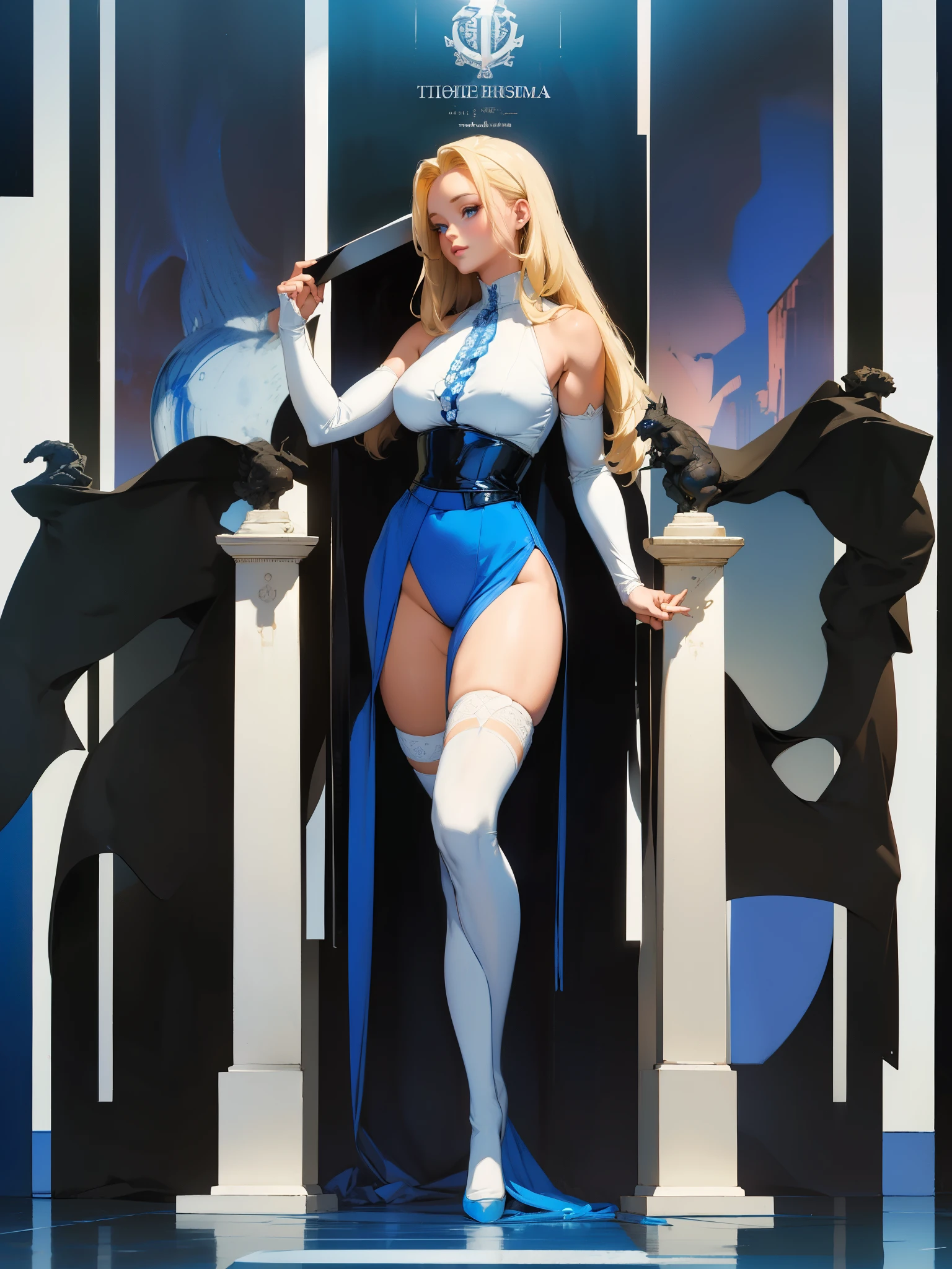 (best lighting), (best quality, masterpiece:1.2), illustration by hajime sorayama, perfect body, hyperfeminine curves, Woman, 30 years old, mature, blonde hair, blue eyes, very long ponytails, curvy, high fashion, blue and white, knee high socks, elegant, solo