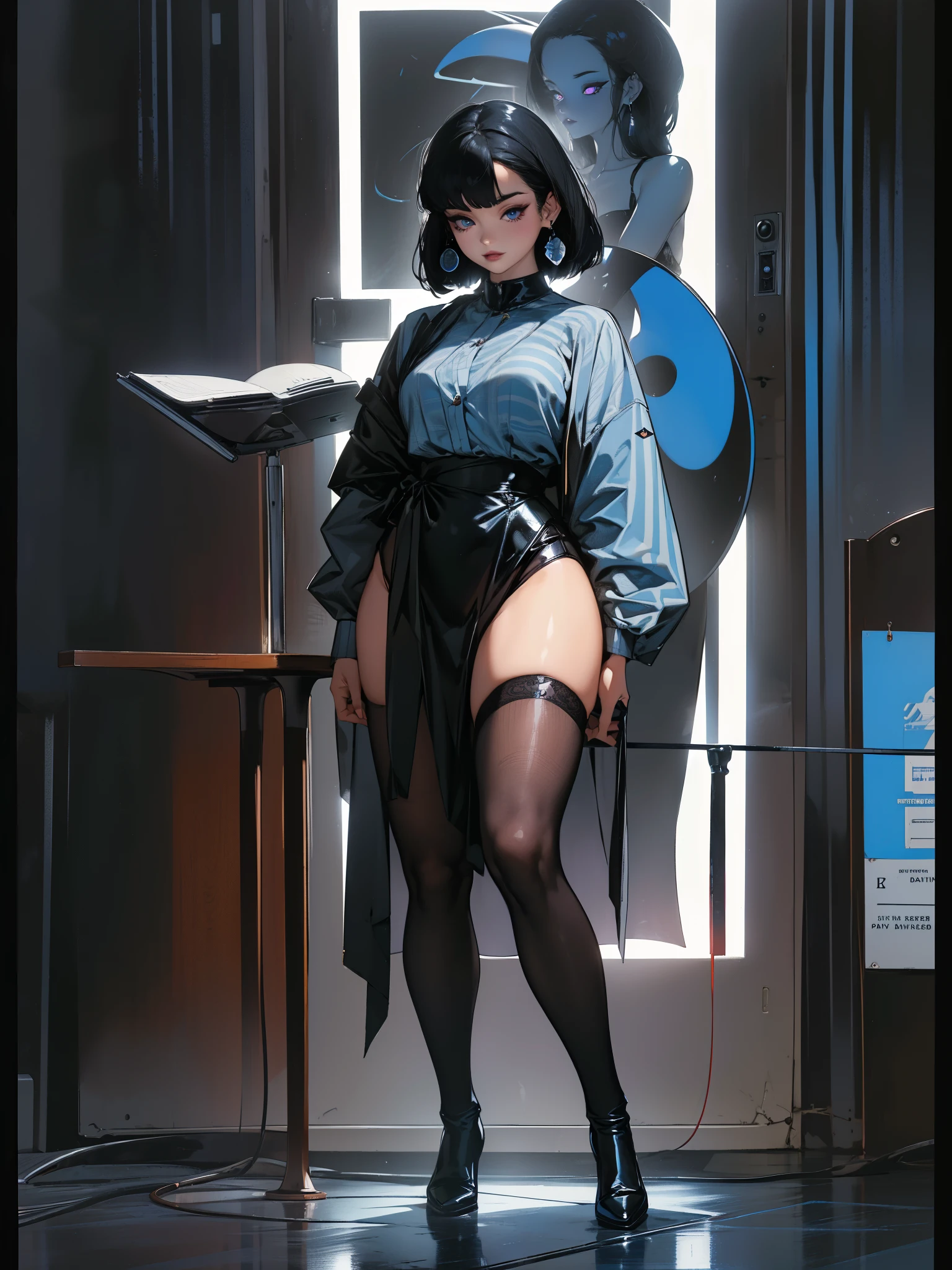 (best lighting) (best quality, masterpiece:1.2), illustration by hajime sorayama, perfect body, hyperfeminine curves, (detailed eyes), (detailed face), femme fatale, woman, short black hair, bangs, blue eyes, curvy, black lipstick, black eyeliner, earrings, high fashion, latex, long socks, solo, cinematic