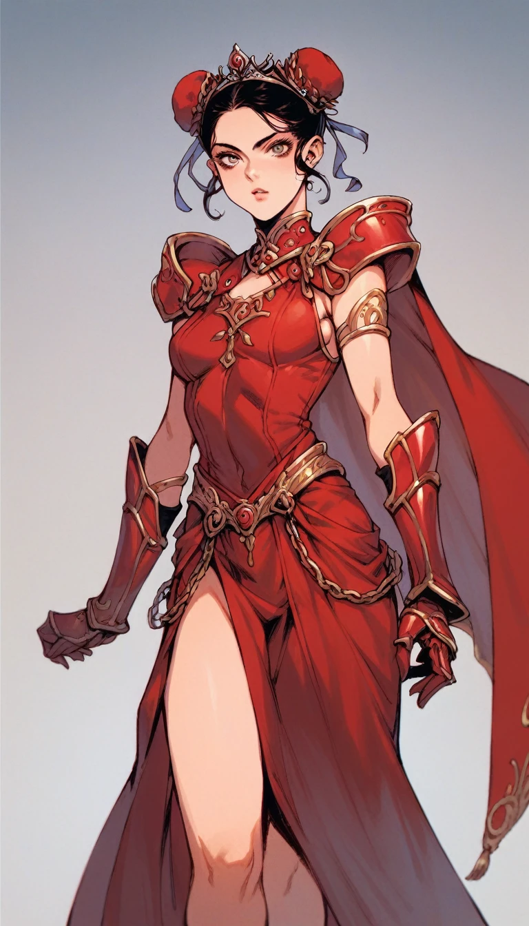 score_9, score_8_up, score_7_up,1girl, solo,   warEdel, double bun, fake horns, short hair, tiara, red dress, red cape, red gauntlets, long dress,looking at viewer,, uncensored,