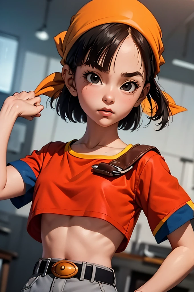 (masterpiece, best quality), 1girl,  pan,1girl,solo,black eyes,bangs,black hair,short hair,bandana, red shirt,crop top,midriff,belt,gray pants,