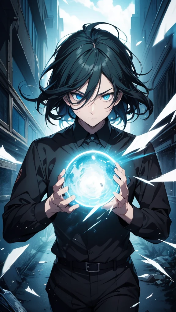 (high-quality, breathtaking),(expressive eyes, perfect face) 1boy, male, solo, teenager, satoru gojo hairstyle, dark green hair, flowy floating hair, bright blue eye color, medium hair length, looking at viewer, half body, crazy smile,  happy face, cheerful expression, dark black blue long sleeved shirt, collared shirt, ((dark black blue dress pants)), jujutsu kaisen uniform, jujutsu high school uniform, flowy hair, innocent face, portrait, stylized hairstyle, (Activating domain expansion), (big Stigmata), (floating hair), character focus, ((black light)),((dark lighting)), cinematic lighting ,(darkness), (concept art),  (glowing eyes), high resolution, extremely detailed CG unity 8k wallpaper, ((masterpiece)), ((top-quality)), (beautiful illustration), ((an extremely delicate and beautiful)), (sky scrapper windows background), (busting out of a skyscrapper background) (In the sky background) (breaking glass background), (glass shards flying towards camera)