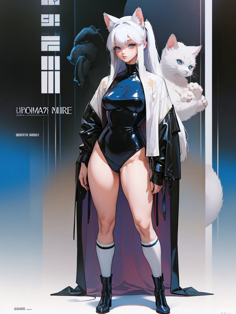 (best quality, masterpiece:1.2), illustration by hajime sorayama, perfect body, hyperfeminine curves, (detailed eyes), (detailed face), woman, long white hair, bangs, ponytail, cat ears, cat tail, light blue eyes, pale skin, curvy, high fashion outfit, latex, knee high socks, solo