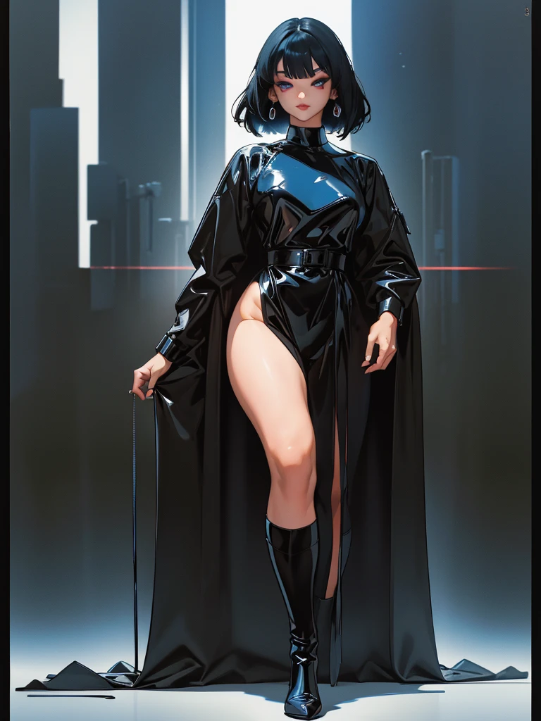 (best lighting) (best quality, masterpiece:1.2), illustration by hajime sorayama, perfect body, hyperfeminine curves, (detailed eyes), (detailed face), femme fatale, woman, short black hair, bangs, blue eyes, curvy, black lipstick, black eyeliner, earrings, high fashion, latex, long socks, solo, cinematic