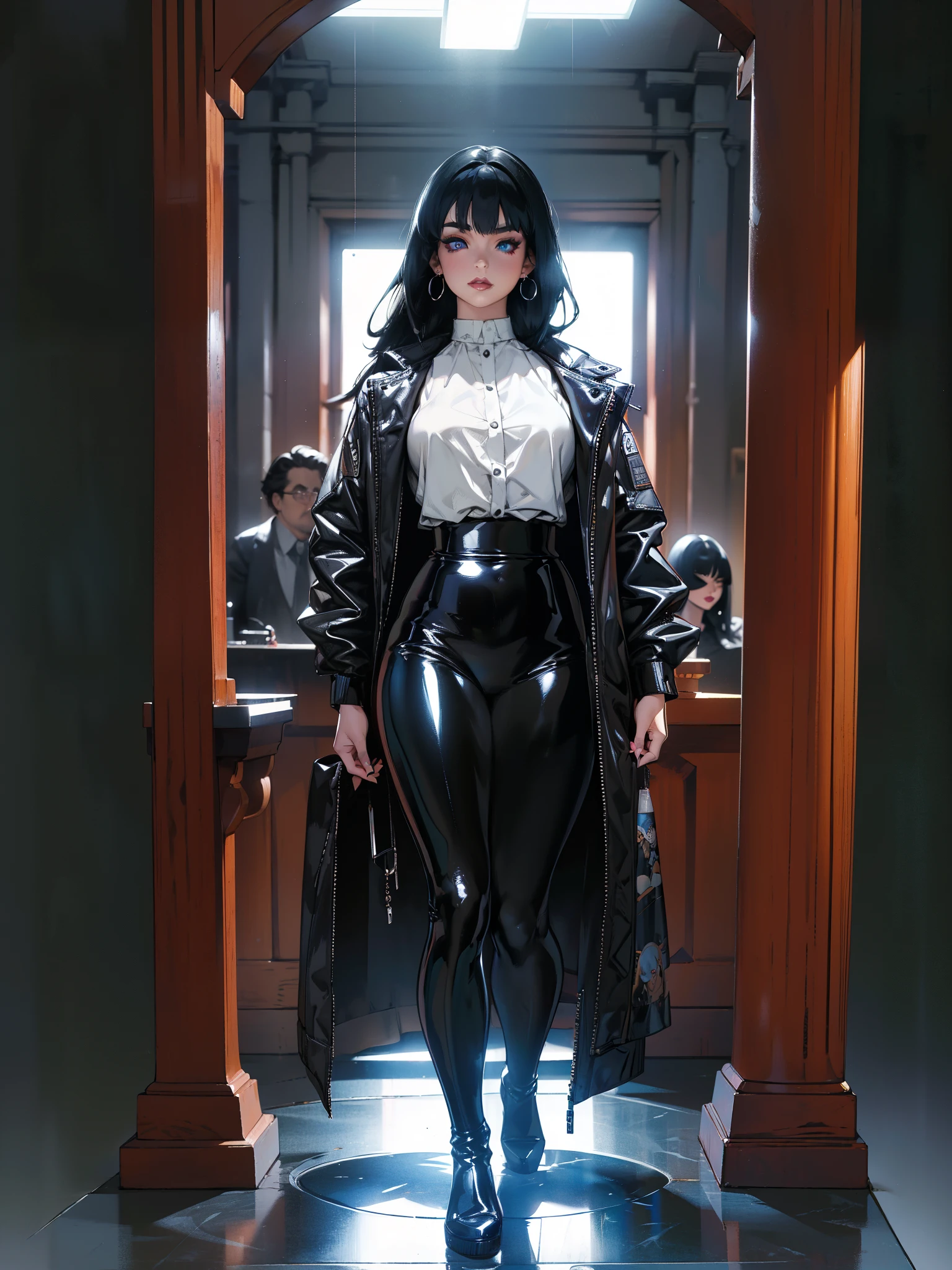 (best lighting) (best quality, masterpiece:1.2), illustration by hajime sorayama, perfect body, hyperfeminine curves, (detailed eyes), (detailed face), femme fatale, woman, short black hair, bangs, blue eyes, curvy, black lipstick, black eyeliner, earrings, high fashion, latex, long socks, solo, cinematic