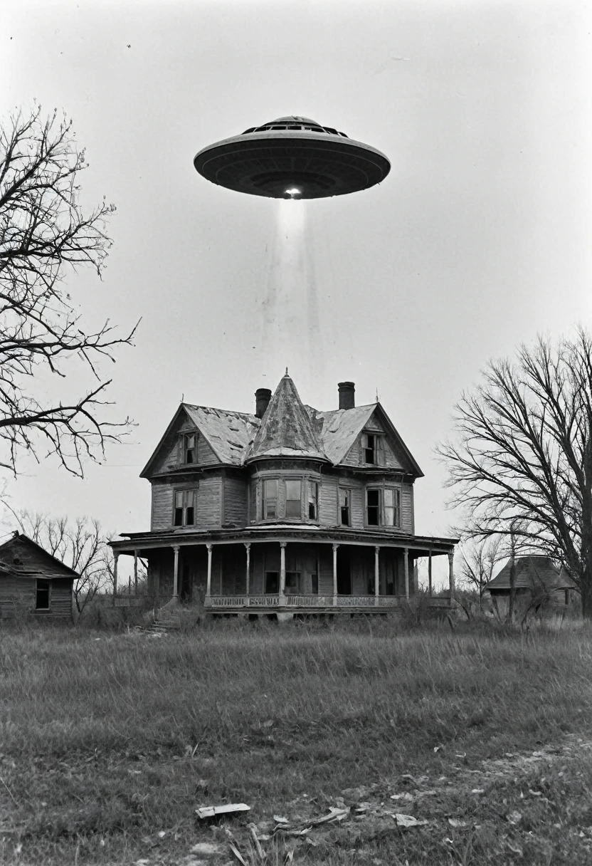 1900s photo black and white old and worn, damaged.  A Old worn photo  of a house in Kansas and a  huge UFO hovering just over the roof of the home.multi0le views. Cinematic photography, cinematic portrait, cinematic lighting, photorealistic,llold worn photo