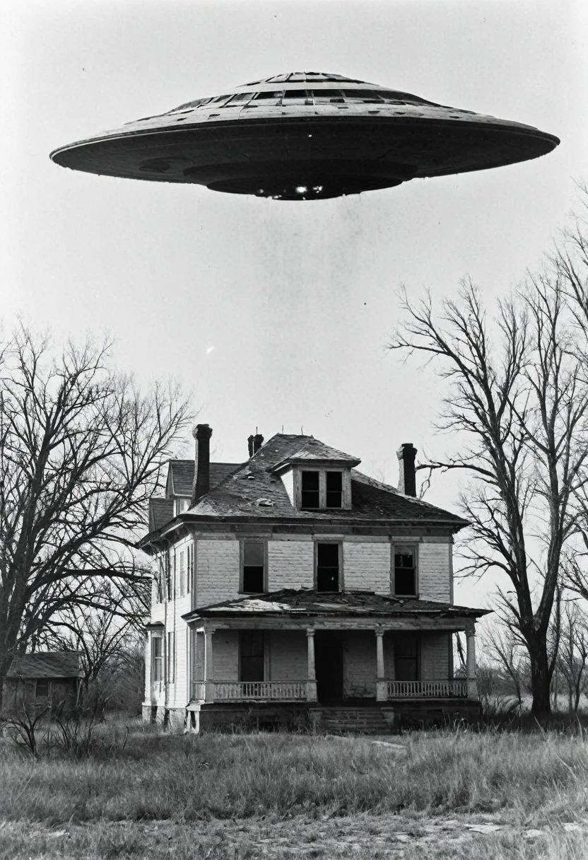 1900s photo black and white old and worn, damaged.  A Old worn photo  of a house in Kansas and a  huge UFO hovering just over the roof of the home.multi0le views. Cinematic photography, cinematic portrait, cinematic lighting, photorealistic,llold worn photo