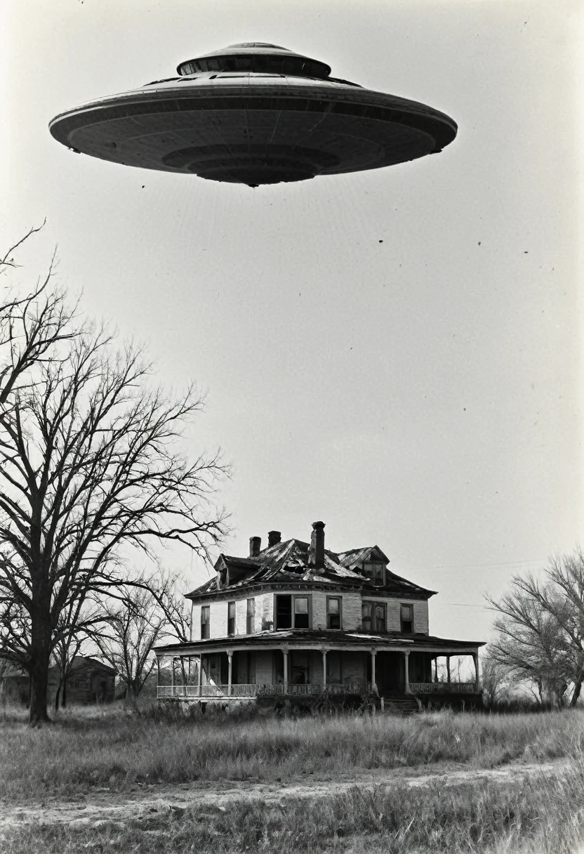 1900s photo black and white old and worn, damaged.  A Old worn photo  of a house in Kansas and a  huge UFO hovering just over the roof of the home.multi0le views. Cinematic photography, cinematic portrait, cinematic lighting, photorealistic,llold worn photo