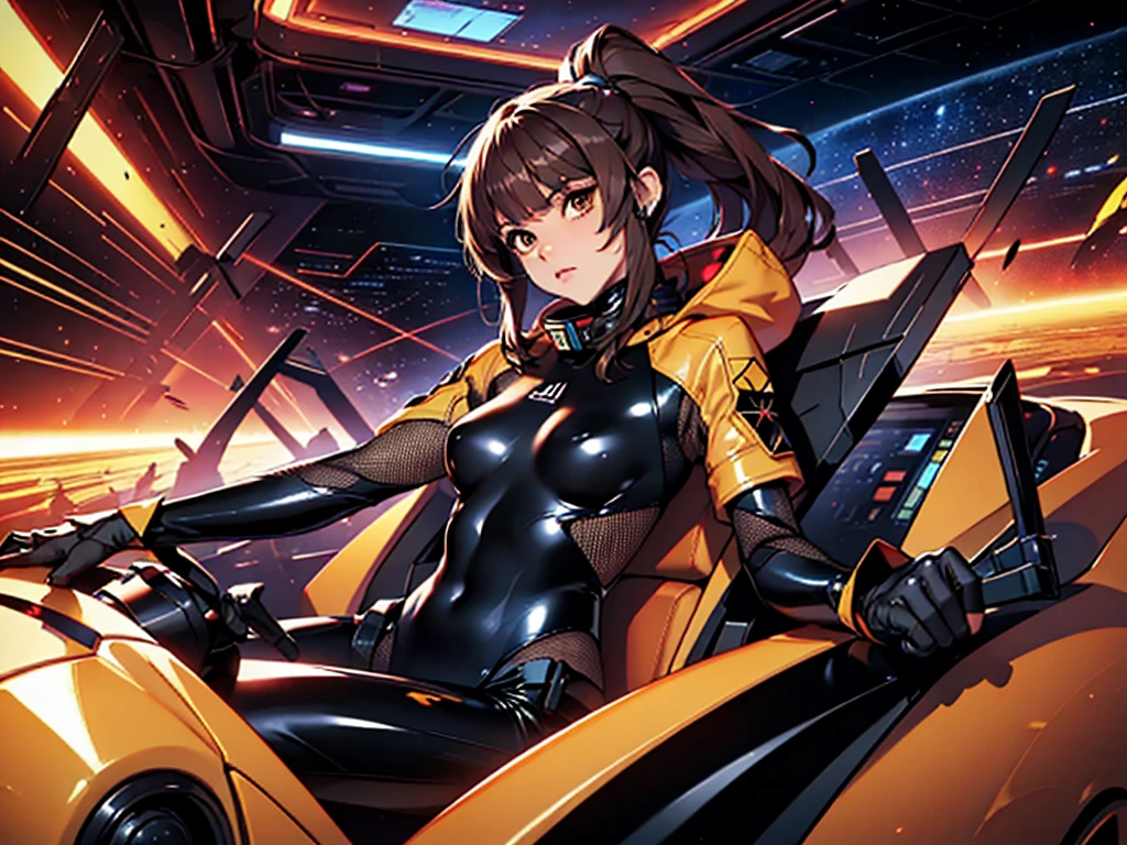 1girl, slender body, slim, extremely long ponytail, (dark brown hair), brown eyes, tan skin, ((ochre and black latex bodysuit)), (black armor), (((hexagonal mesh))), ((extremely glossy)), cyberwear, space background, starship interior, space cockpit
